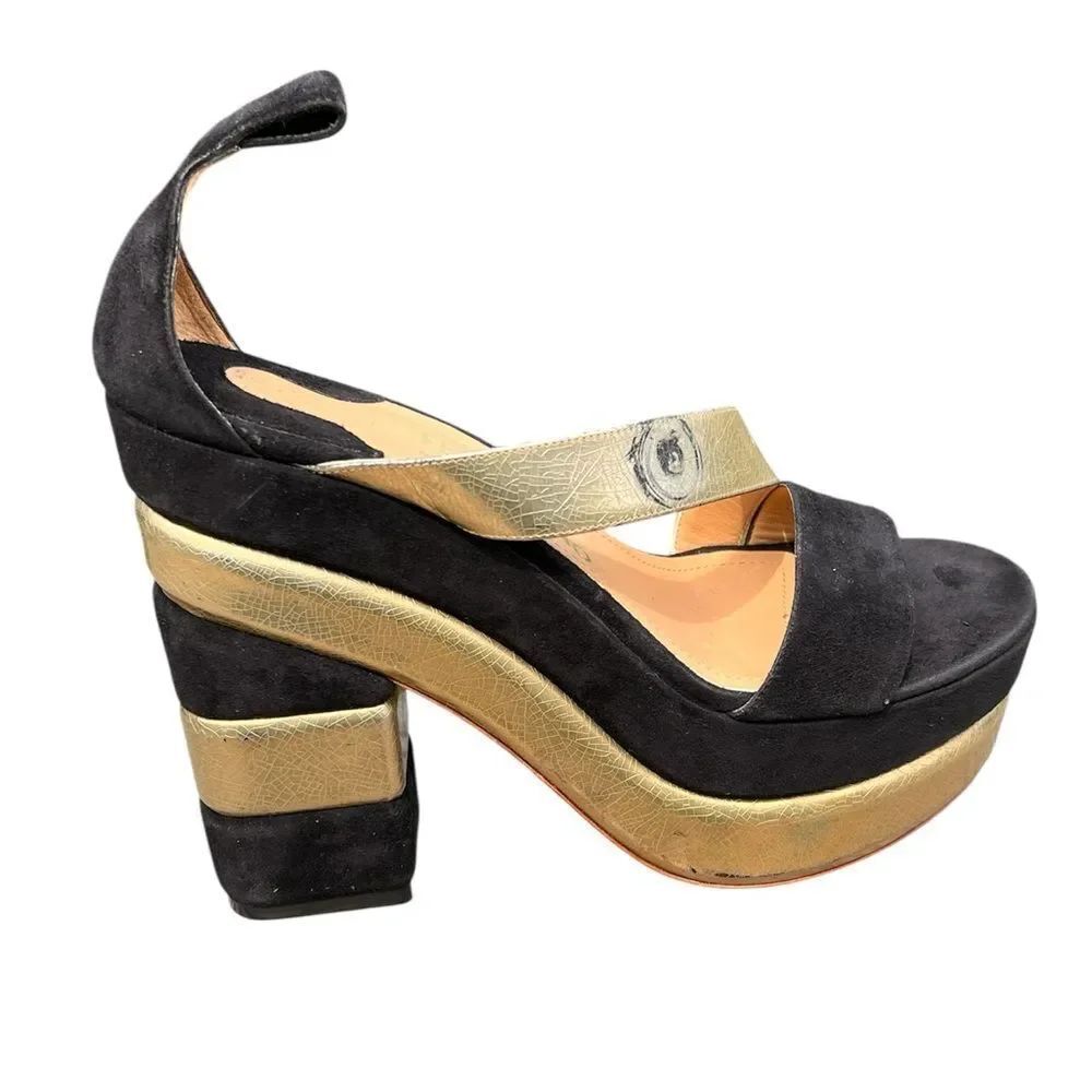 Salvatore Ferragamo ‘lev G’ Platform Sandal Black Suede Gold Strap